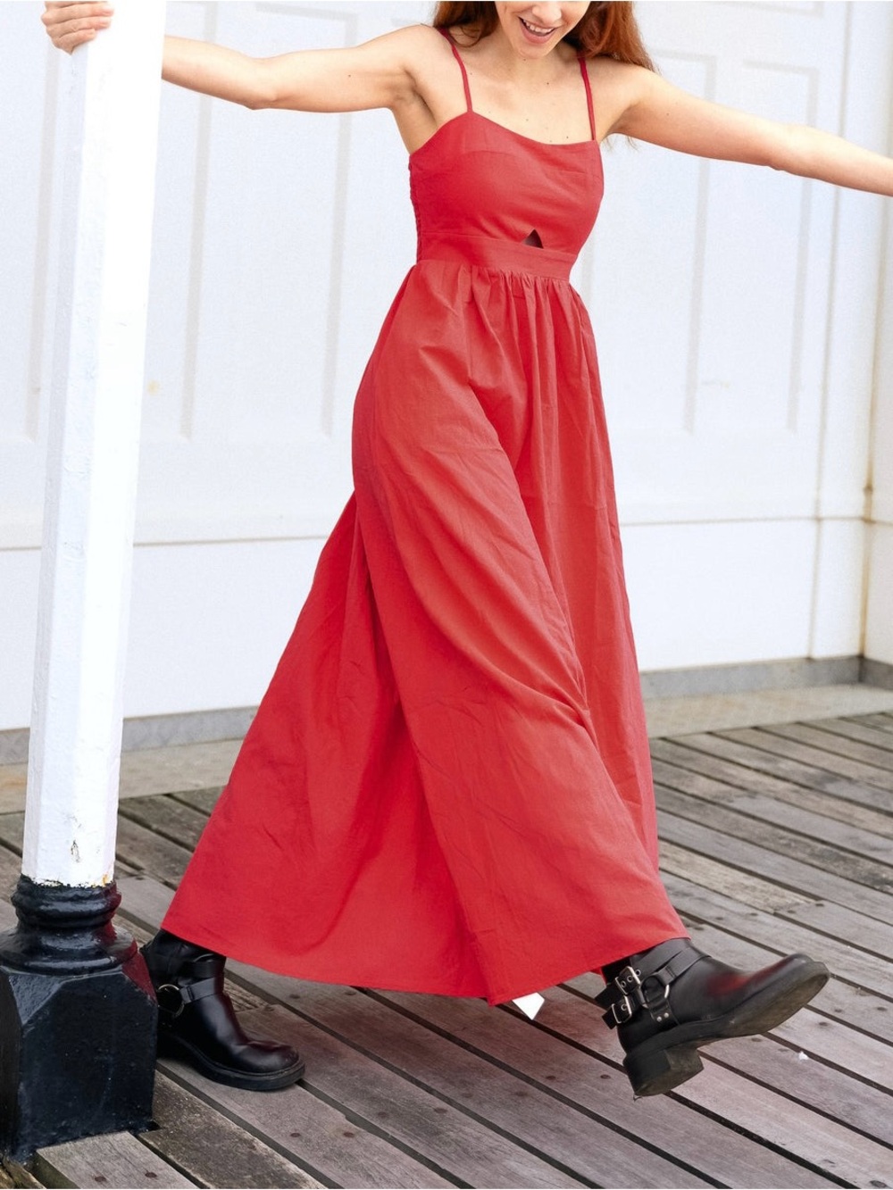 Commense Red Cotton Cutout Maxi Dress Sleeveless Pocket Vacation Resort M